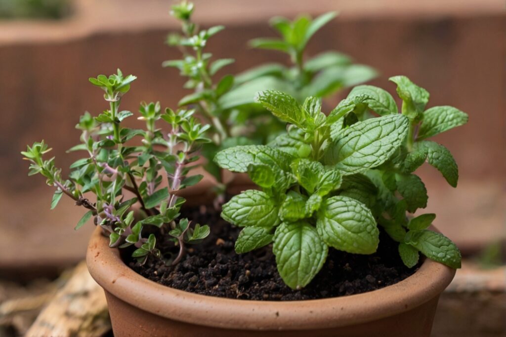 Thyme growing with mint